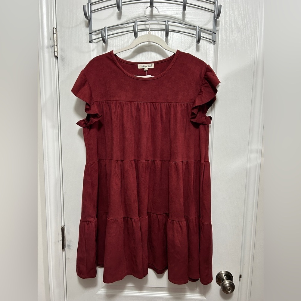 Indigo Soul maroon tiered tunic mini dress women’s M boho babydoll FX‎ suede NWT